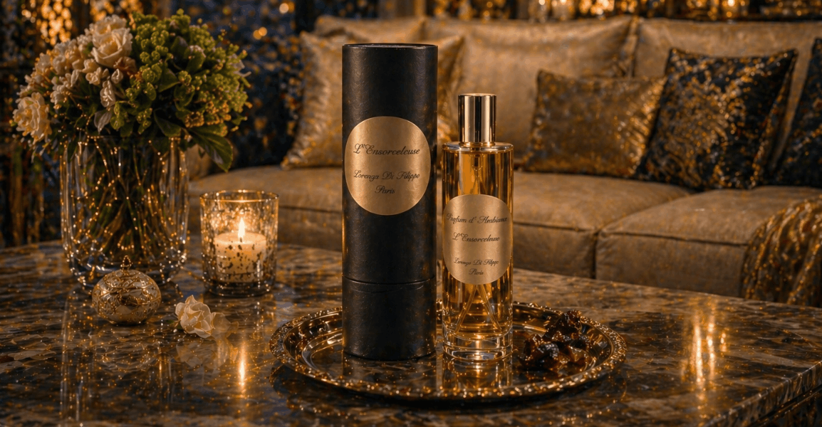 Parfum d'ambiance L'Ensorceleuse Lorenza Di Filippo, présenté dans un intérieur élégant et chaleureux